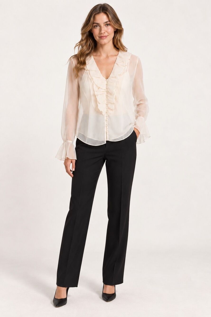 Lauren Ralph Lauren Ivory Sheer Ruffle Blouse Camisole Set Size 6 NWT -long slee